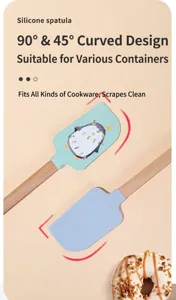 Silicone spatula with wooden handle and arc design for baking, cream spreading and kitchen use.