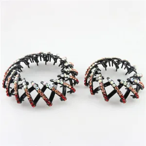 Expandable hair bun maker with sparkling rhinestones, black bird's nest hair clip styling.