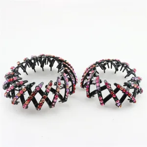 Detailed view of rhinestone bird nest hair clips, sparkling crystal expandable bun maker tools.
