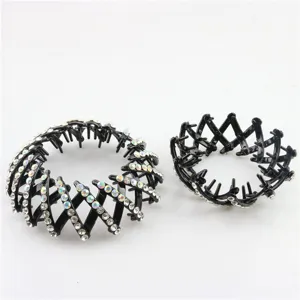 Rhinestone expandable hair clip detail view, black plastic ponytail holder bun maker for women.