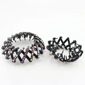 Rhinestone bird's nest hair clip bun maker, elegant black plastic expandable hair claw tool.