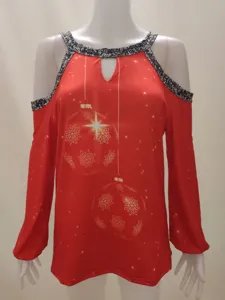 Christmas cold shoulder long sleeve red top with festive bauble print and halter neck.
