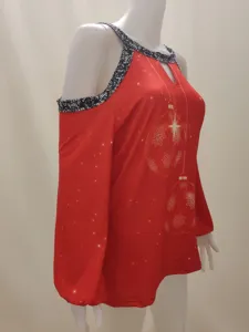 Festive Christmas cold shoulder long sleeve red women top featuring snowflake print and chic trim