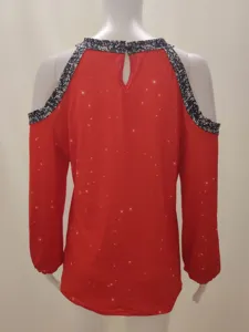Red cold shoulder long sleeve women top back view with star pattern and contrast trim.