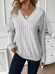 Femme Manches Longues Col V Pull en Tricot Casual Gris Rayé Automne Haut T-Shirt