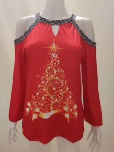 Christmas cold shoulder long sleeve red women blouse with gold tree print festive apparel.