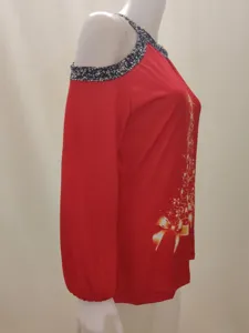Women's Christmas Cold Shoulder Long Sleeve Red Blouse with Holiday Graphic Print Top
