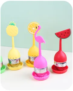 Cute silicone stainless steel tea infuser with fruit and animal shapes, fine detail view.