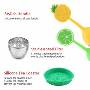 Detachable silicone tea infuser set with fruit handles and stainless steel mesh filter.