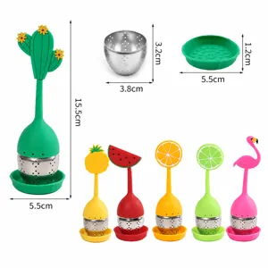 Cute silicone stainless steel tea infuser size chart with various fruit and animal shapes.