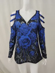 Women's cold shoulder long sleeve t-shirt with blue rose print and zipper V-neck design.