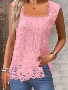 Casual dames mouwloos kanten topje, vierkante hals, zoet roze kanten patroon detail.
