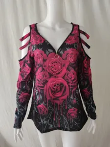 Women's Cold Shoulder Long Sleeve T-Shirt Gothic Liquid Rose Print V-Neck Casual Top
