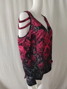 Detailed side view of gothic liquid rose print cold shoulder long sleeve zip top
