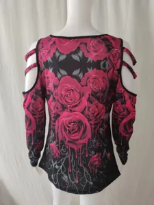 Women liquid rose print cold shoulder long sleeve t-shirt gothic style casual top.