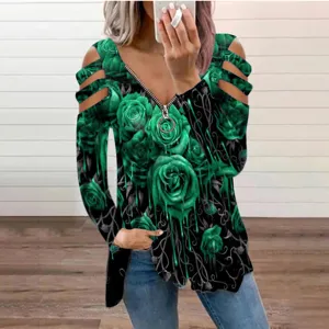 Women's Long Sleeve Cold Shoulder V-Neck Zipped T-Shirt with Green Rose Floral Print Top