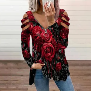 Women's Gothic Red Rose Print Cold Shoulder Long Sleeve V-Neck Zip Up Top Fashion
