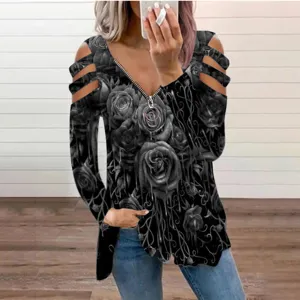 Women's cold shoulder long sleeve t-shirt with v-neck zipper and liquid rose floral print.