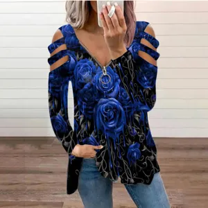 Women's blue rose print cold shoulder long sleeve zip V-neck casual fashion T-shirt top stylish