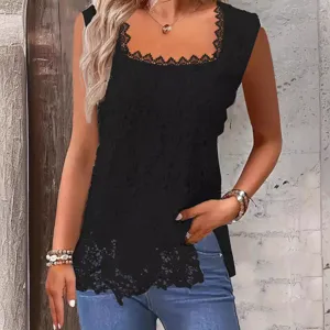 Dames mode zwart kant vierkante hals mouwloos tanktop casual zomer vest blouse top