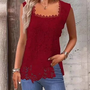 Dames Casual Vierkante Hals Kant Mouwloos Tanktop Rood Mode Zomer Top Hoofdweergave
