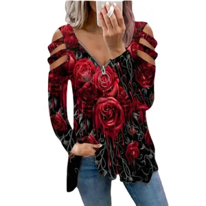 Women's cold shoulder long sleeve T-shirt with gothic red rose print and zipper V-neck.