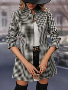 Κλασικό σακάκι με πέτο houndstooth casual μεσαίου μήκους γυναικείο φθινόπωρο χειμώνας
