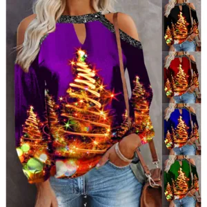 Top donna maniche lunghe con stampa di Natale, spalle scoperte, maglietta casual.