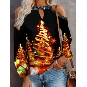 Albero di Natale spalla fredda manica lunga maglietta donna dettaglio top casual.