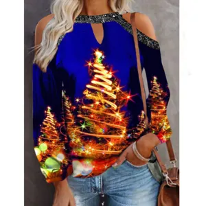 Donne casual Natale spalla scoperta manica lunga blu t-shirt pullover invernale top