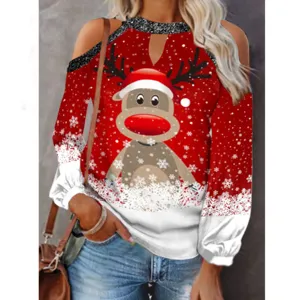 Maglietta donna natale manica lunga spalla fredda stampa renna top casual rosso elegante