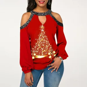 Top donna manica lunga spalla scoperta stampa albero di Natale rosso elegante casual.