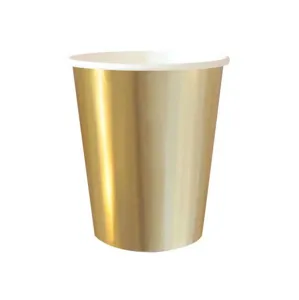 Gold foil disposable paper cups for birthday party tableware and wedding celebration decor items.