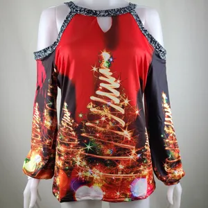 Stampa albero di Natale spalla scoperta manica lunga lanterna top da donna dettaglio