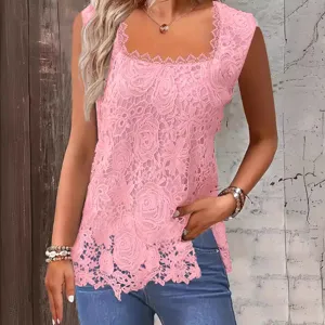 Womens pink lace square neck sleeveless tank top casual stylish summer fashion apparel
