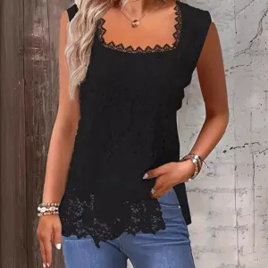 Women Solid Color Square Neck Lace Sleeveless Tank Top Casual Fashion Summer Vest