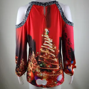 Blusa natalizia maniche lunghe con spalle scoperte e stampa albero elegante donna