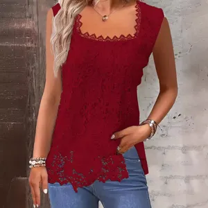 Women elegant solid color square neck lace sleeveless tank top, stylish casual summer camisole.