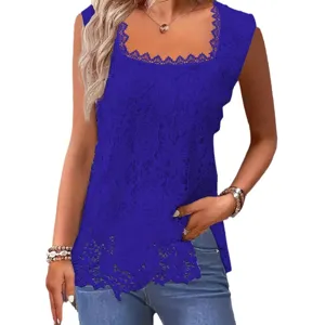 Women solid color square neck lace sleeveless tank top, casual summer fashion apparel.