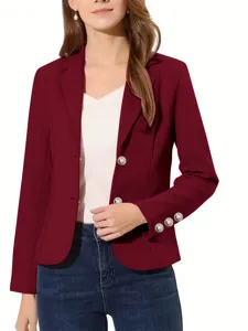 Chaqueta blazer corta mujer slim color sólido solapa botón manga larga vista detalle.