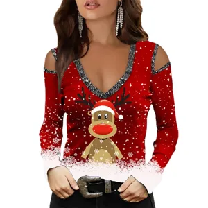 Damen Weihnachten Kalte Schulter Langarm V-Ausschnitt Rentier Grafik T-Shirt Rot Top