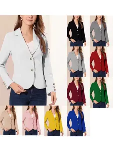 Mujeres Casual Slim Fit Color Sólido Solapa Manga Larga Botón Blazer Chaqueta Traje Corta Oficina Carrera Ropa