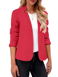 Dettagli della giacca blazer cardigan donna manica lunga tinta unita aperta, stile chic.