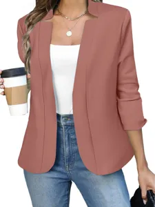 Elegante giacca blazer casual da donna a maniche lunghe tinta unita aperta per lavoro.