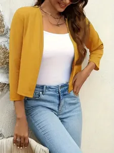 Damen kurze gelbe Strickjacke casual offene Front Pullover schick Fruehling Oberbekleidung Top