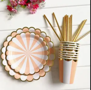 Gold foil orange striped scalloped paper plates cups straws party tableware set detail