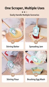Silicone baking spatula detail view showing multi-functional use for mixing batter and dough.