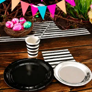 Schwarz-weiße Pappteller und Becher Geschirr Set für Geburtstag Party Picknick Dekoration