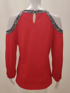 Women red cold shoulder long sleeve blouse with black white pattern trim elegant top