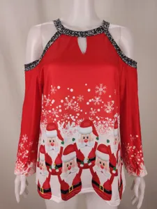 Close-up detail of the Christmas Santa Claus graphic and cold shoulder long sleeve top.